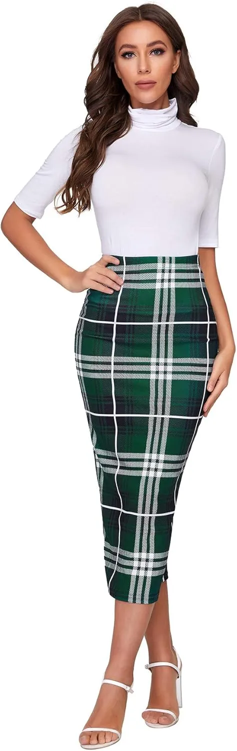 Verdusa Women's Elegant Plaid Elastic Waist Bodycon Midi Skirt