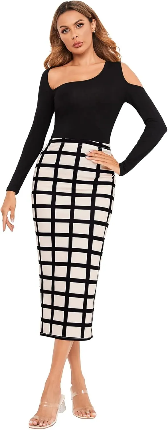 Verdusa Women's Elegant Plaid Elastic Waist Bodycon Midi Skirt