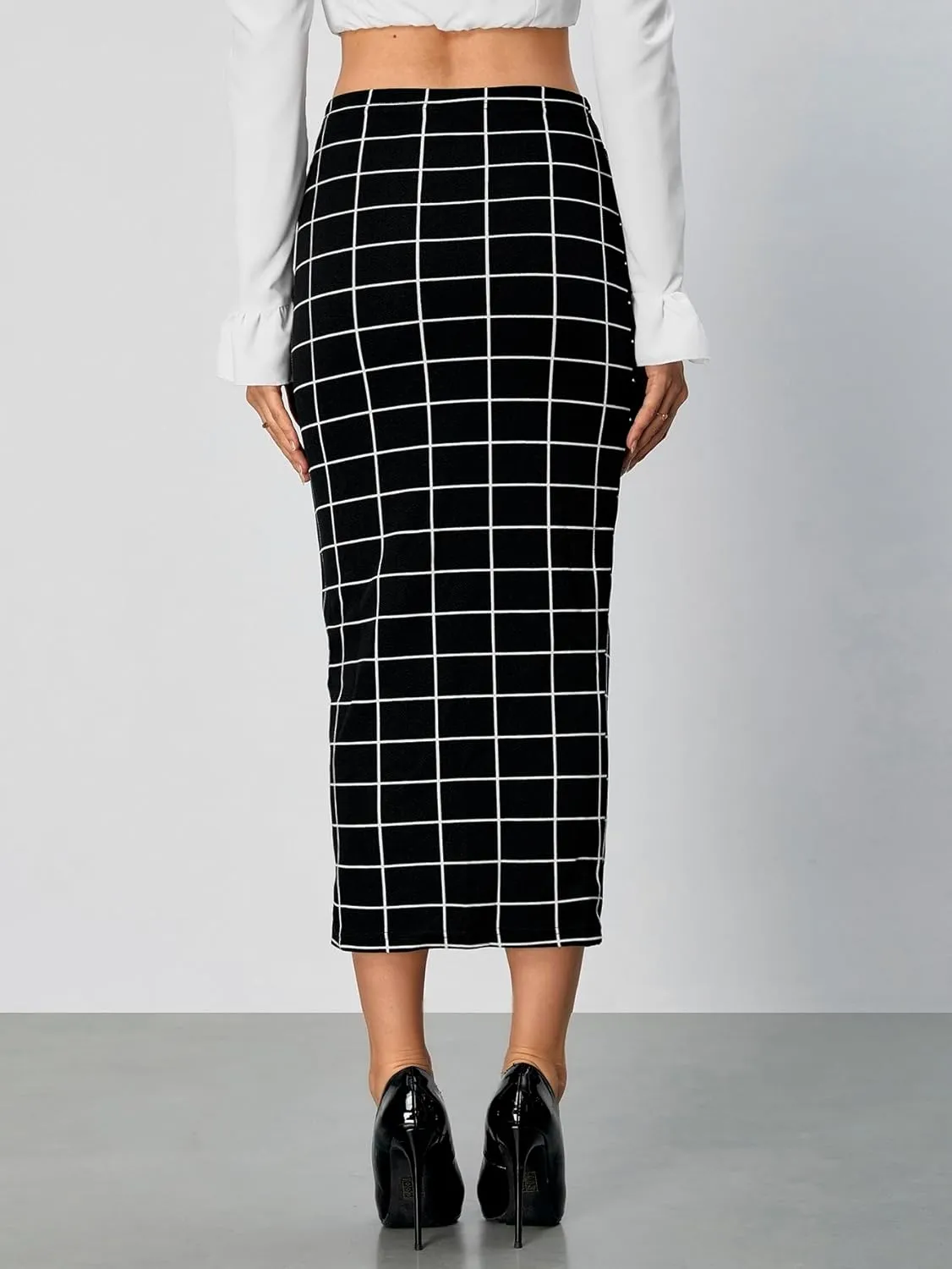 Verdusa Women's Elegant Plaid Elastic Waist Bodycon Midi Skirt