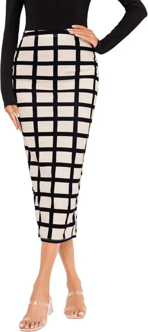 Verdusa Women's Elegant Plaid Elastic Waist Bodycon Midi Skirt