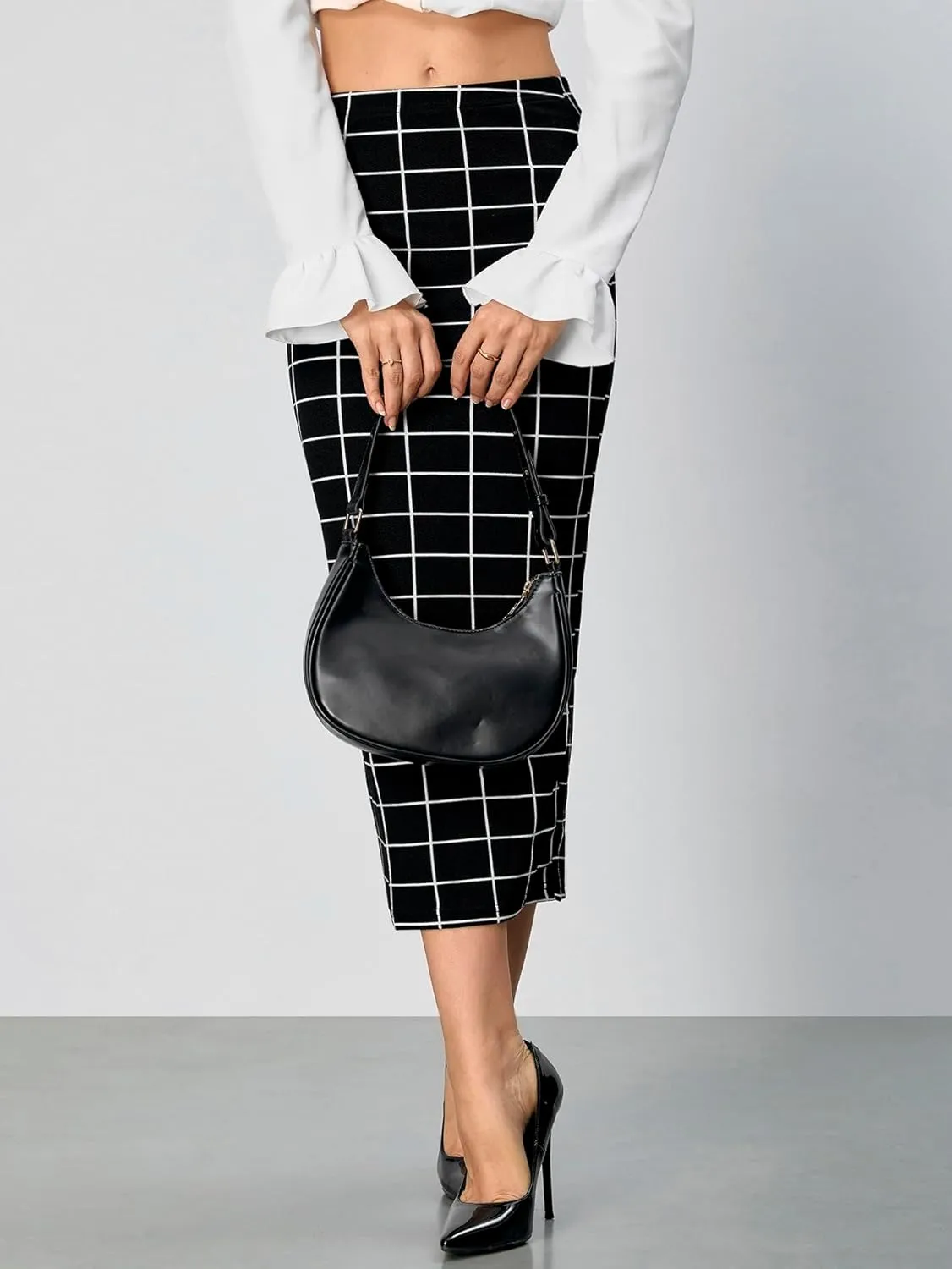 Verdusa Women's Elegant Plaid Elastic Waist Bodycon Midi Skirt