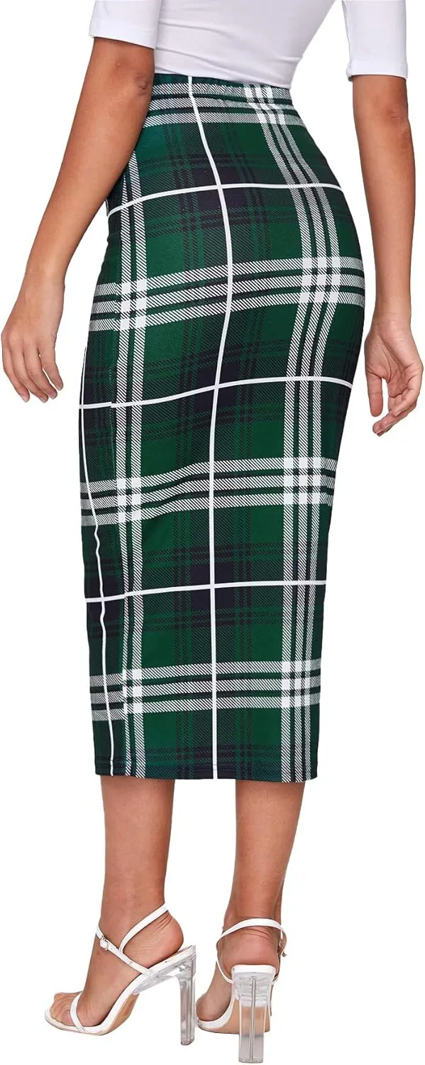 Verdusa Women's Elegant Plaid Elastic Waist Bodycon Midi Skirt