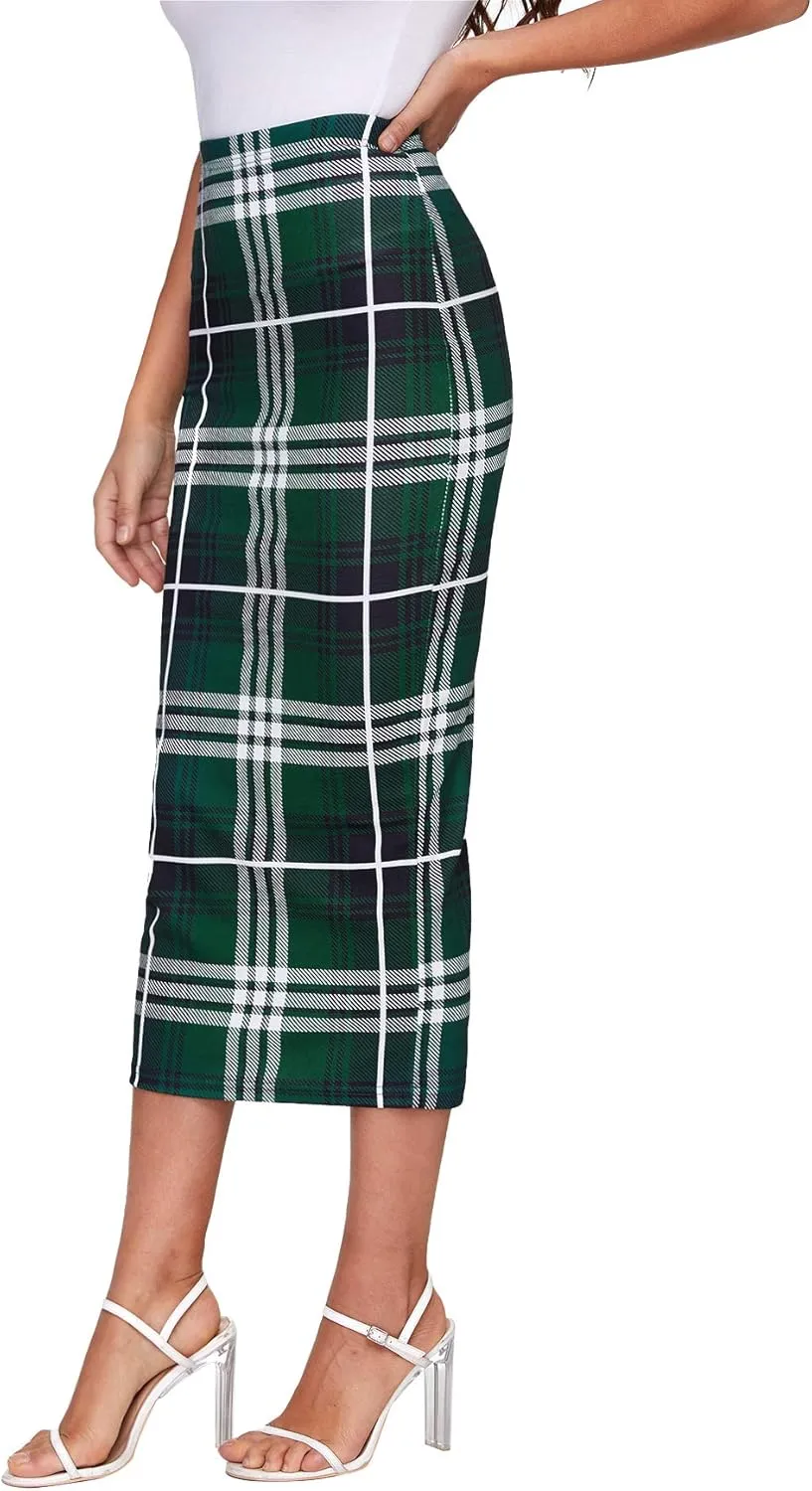 Verdusa Women's Elegant Plaid Elastic Waist Bodycon Midi Skirt