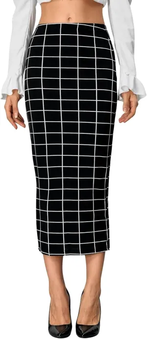 Verdusa Women's Elegant Plaid Elastic Waist Bodycon Midi Skirt