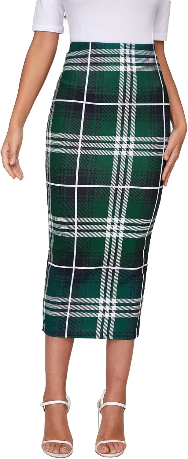 Verdusa Women's Elegant Plaid Elastic Waist Bodycon Midi Skirt