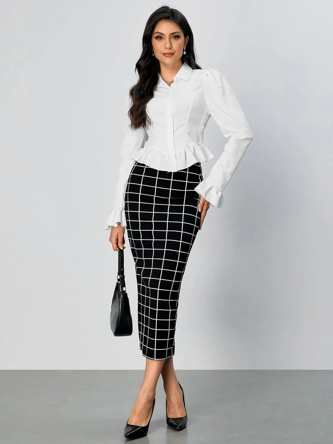 Verdusa Women's Elegant Plaid Elastic Waist Bodycon Midi Skirt