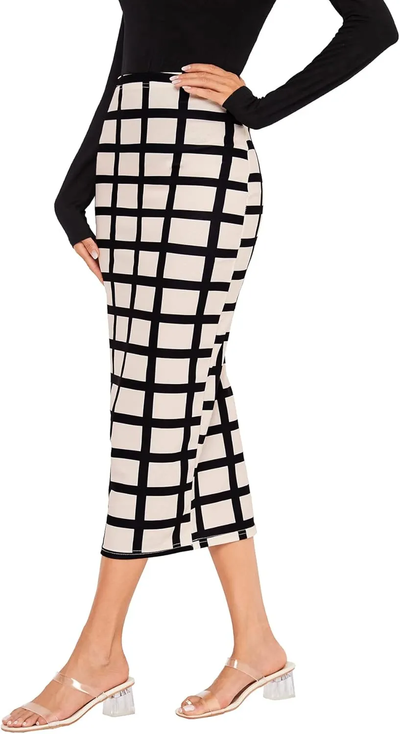 Verdusa Women's Elegant Plaid Elastic Waist Bodycon Midi Skirt