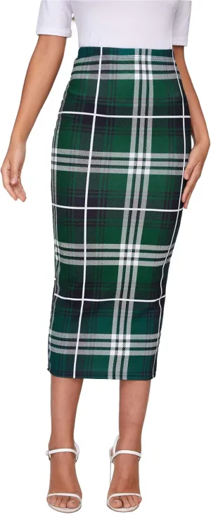 Verdusa Women's Elegant Plaid Elastic Waist Bodycon Midi Skirt