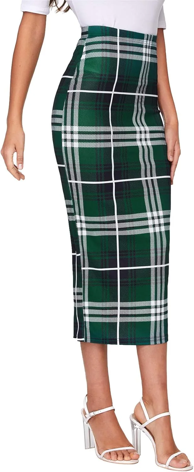 Verdusa Women's Elegant Plaid Elastic Waist Bodycon Midi Skirt
