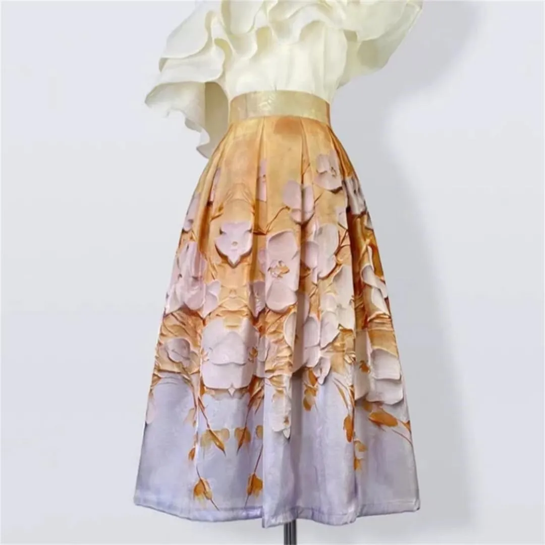 Vintage Elegant High Waist Long Women Summer Midi Skirt