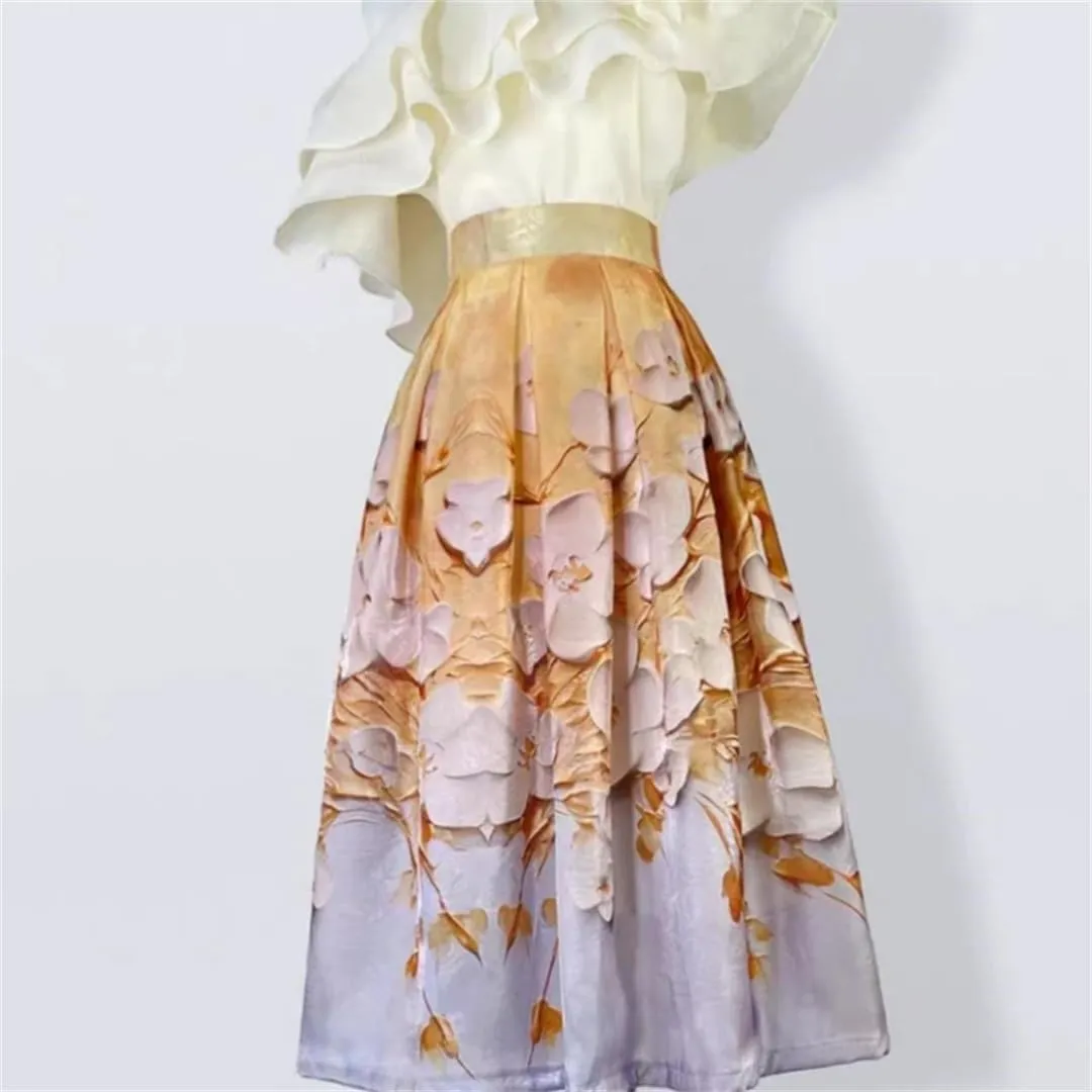 Vintage Elegant High Waist Long Women Summer Midi Skirt