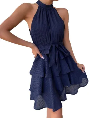 VIVICOLOR Women Summer Halter Neck Ruffle Layered Mini Dress Sleeveless High Neck A Line Swing Short Dresses with Belt, Medium