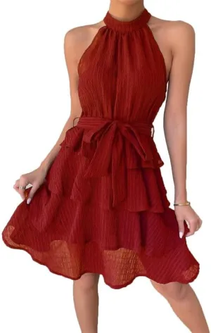 VIVICOLOR Women Summer High Neck A Line Swing Short Dresses with Belt Halter Neck Ruffle Layered Mini Dress Sleeveless, Medium