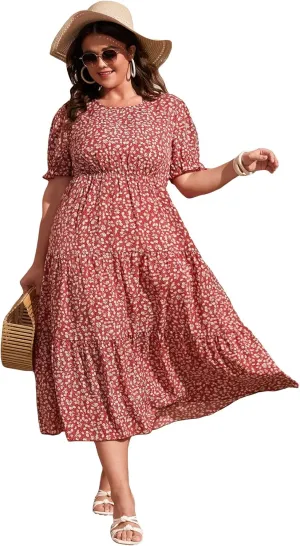 WDIRARA Women's Plus Size Ditsy Floral Halter Sleeveless High Waist Short Keyhole Back Dress