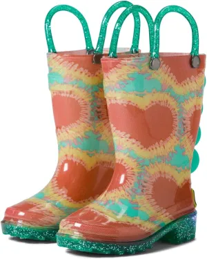 Western Chief Kids Womens Lighted Rain Boots for Kids  Hard Insole  Rubber Mud-guard  Waterproof PVC Upper Tie-Dye Hearts 1 Little Kid M