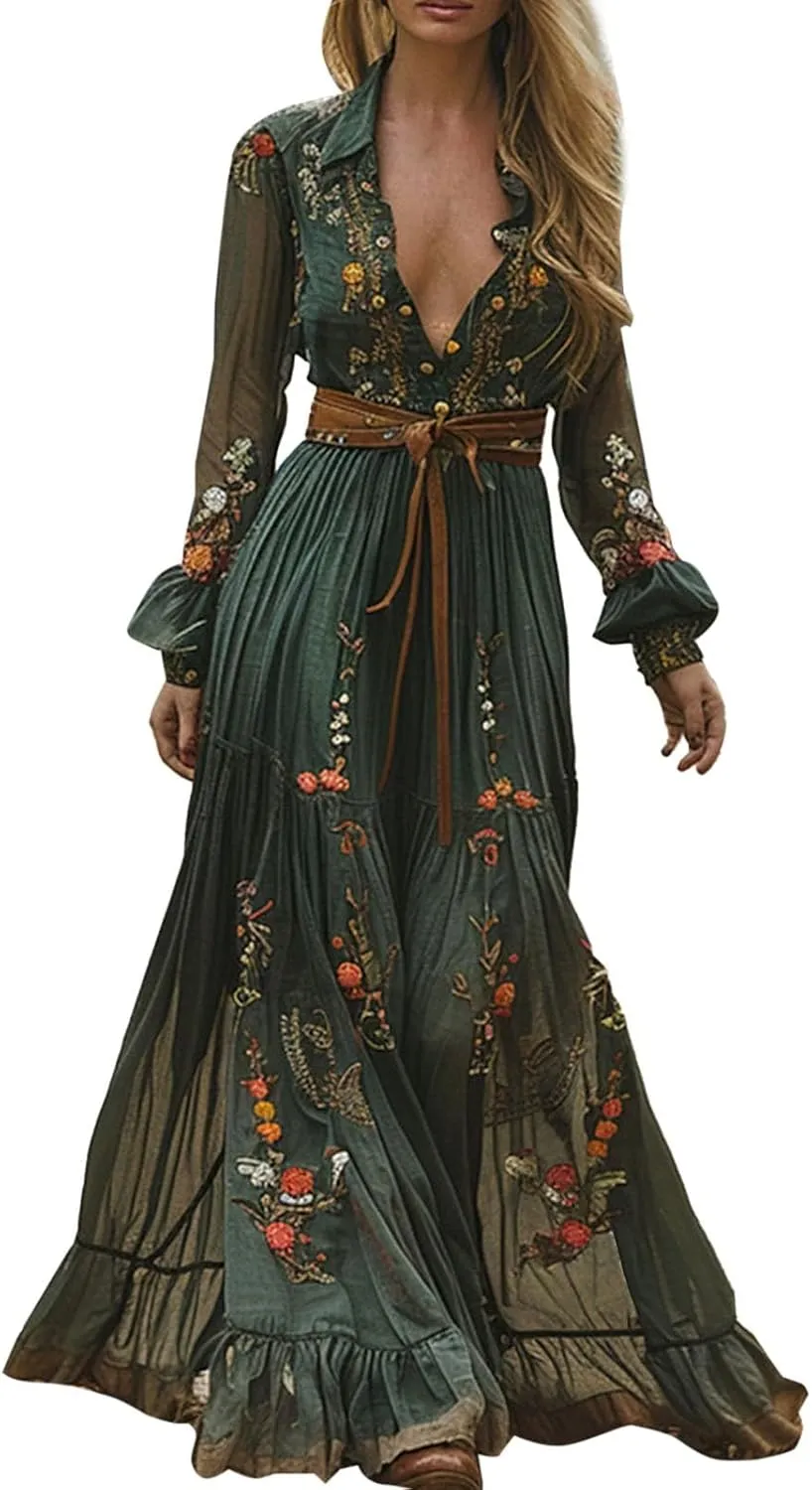Western Dress for Women Cowgirl Vintage Boho French Sexy Floral Wedding Long Sleeve Lace Maxi Dress Country Dresses