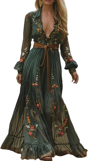 Western Dress for Women Cowgirl Vintage Boho French Sexy Floral Wedding Long Sleeve Lace Maxi Dress Country Dresses