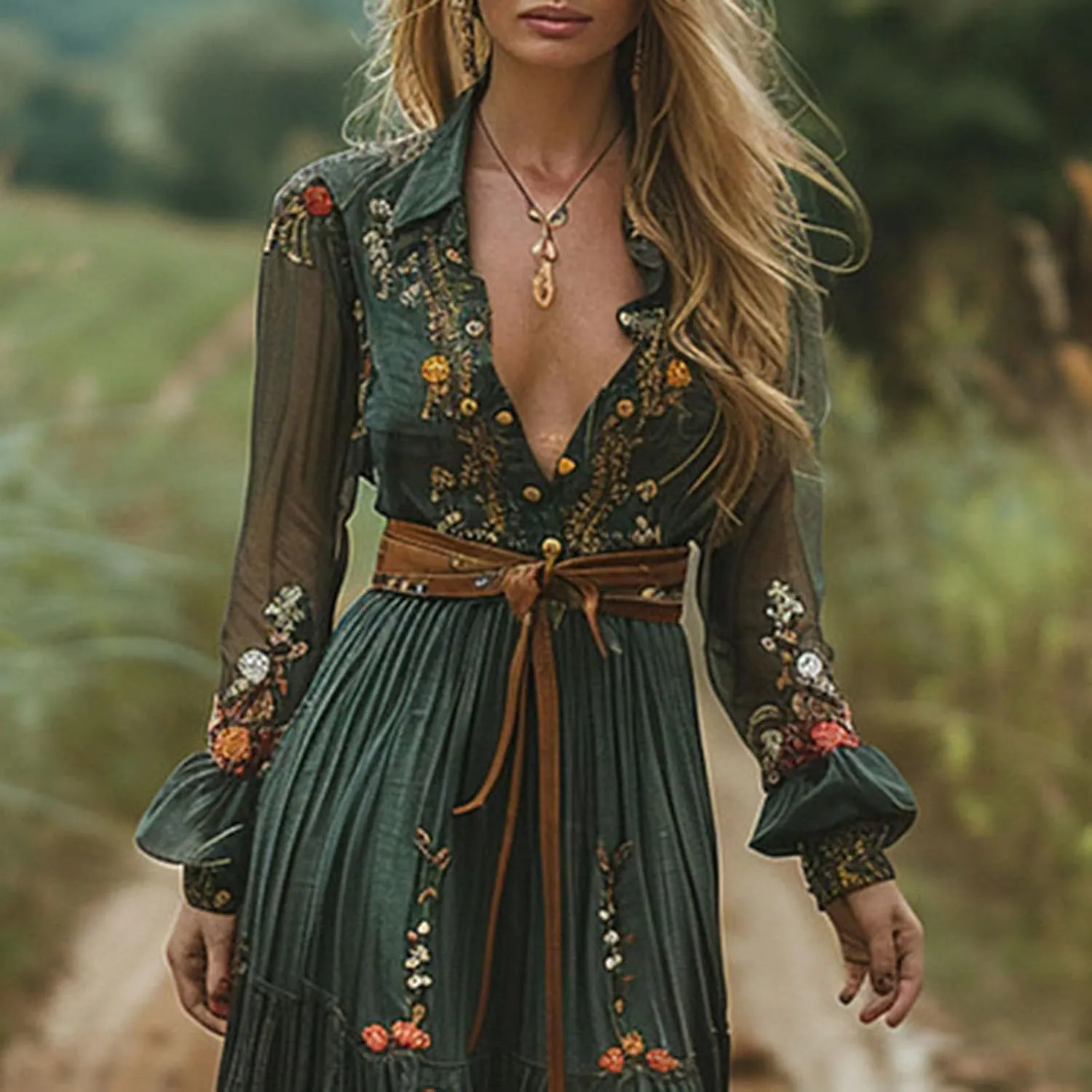 Western Dress for Women Cowgirl Vintage Boho French Sexy Floral Wedding Long Sleeve Lace Maxi Dress Country Dresses