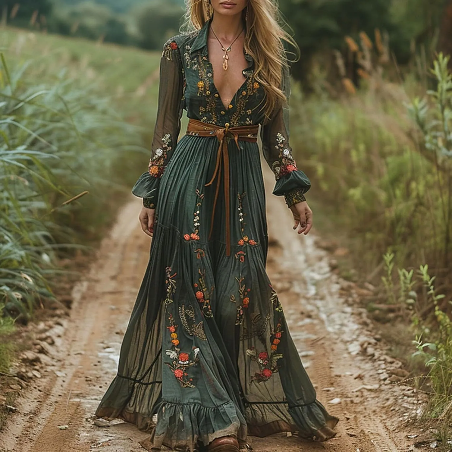 Western Dress for Women Cowgirl Vintage Boho French Sexy Floral Wedding Long Sleeve Lace Maxi Dress Country Dresses