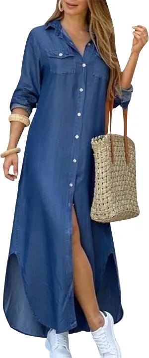 WIWIQS Women's Casual Loose Maxi Shirt Dress Lapel Rolled up Sleeve Button Down Dress Floral Print Open Front Long Dresses