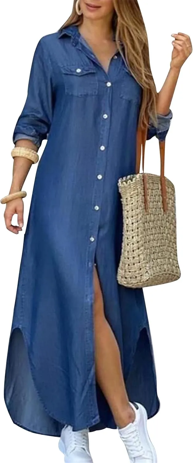 WIWIQS Women's Casual Loose Maxi Shirt Dress Lapel Rolled up Sleeve Button Down Dress Floral Print Open Front Long Dresses
