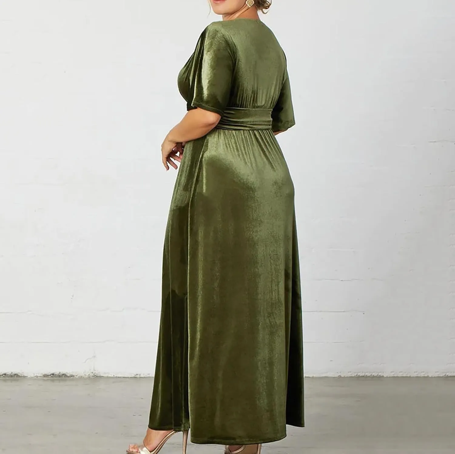 Wkishenl Plus Size Maxi Dress for Women Elegant V-Neck Wrap Dresses High Waist Flow Dress Solid Formal Office Work Dress