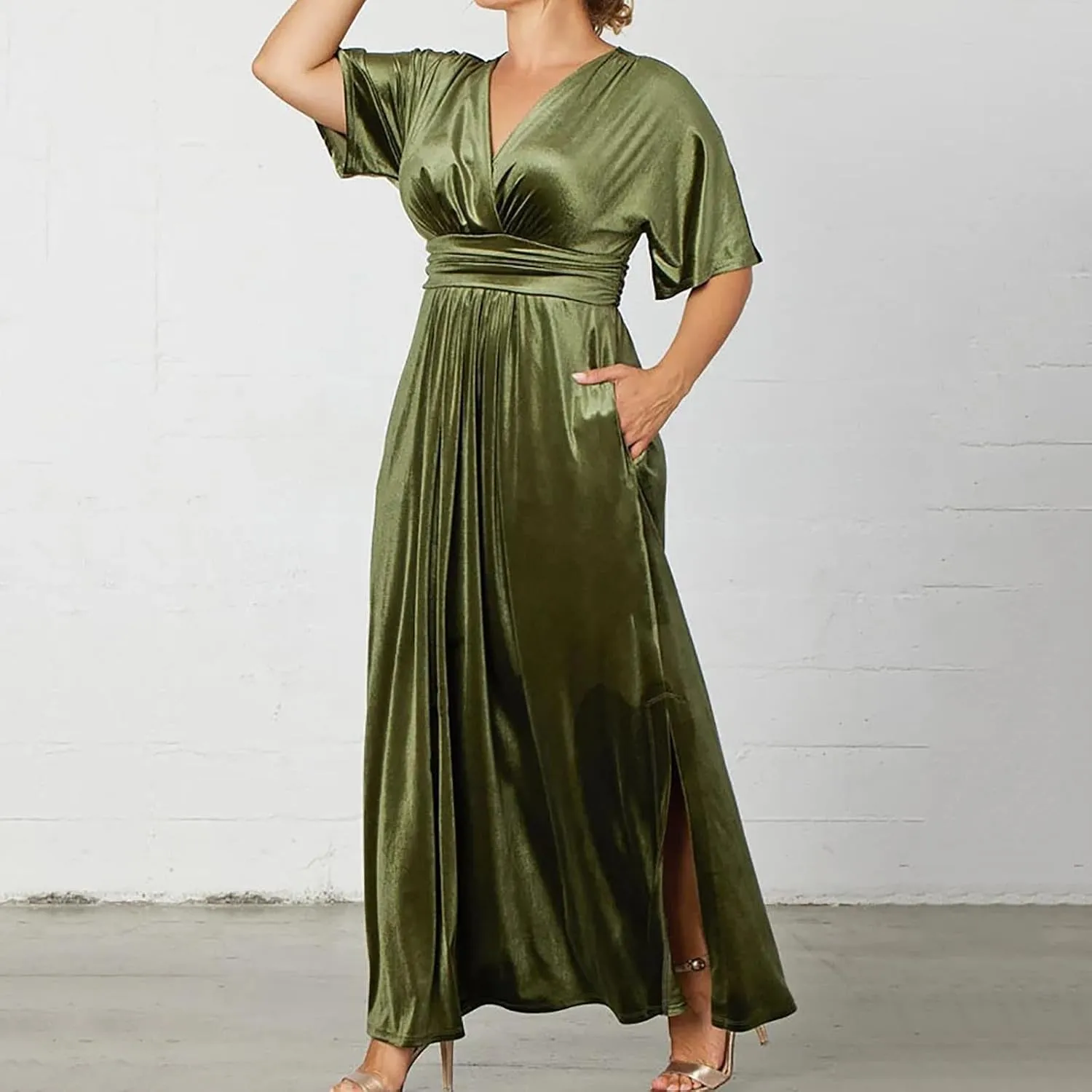 Wkishenl Plus Size Maxi Dress for Women Elegant V-Neck Wrap Dresses High Waist Flow Dress Solid Formal Office Work Dress