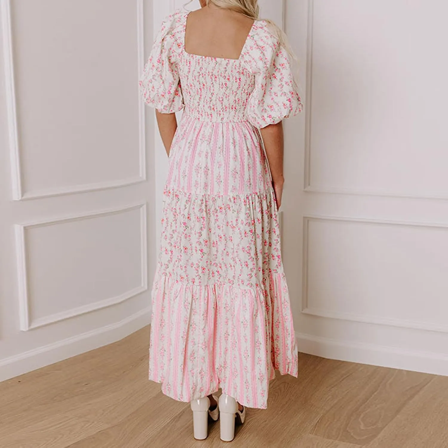 Women Babydoll Sleeve Floral Maxi Dress Puff Sleeve Sweetheart Boho Long Dresses Bohemian Flowy Ruffle Dress