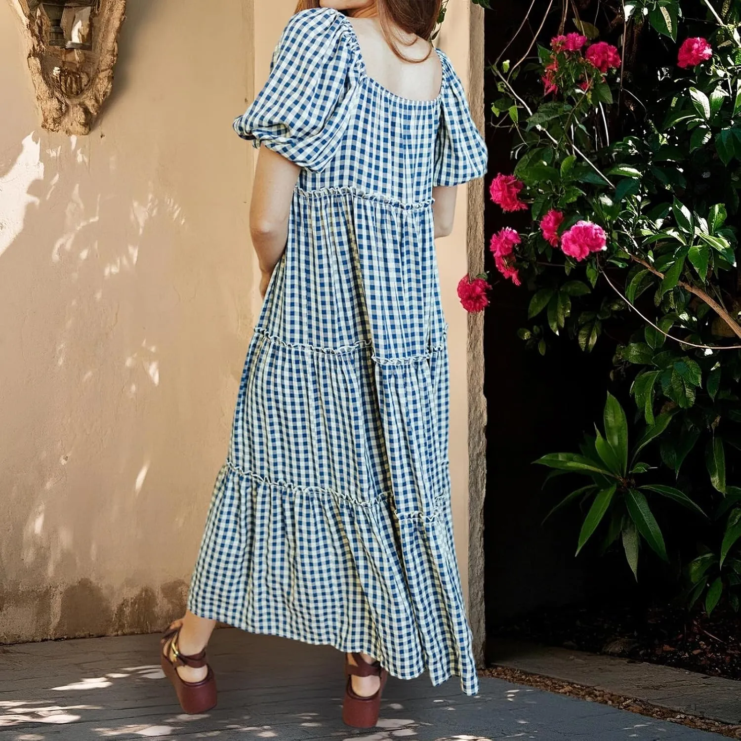 Women Babydoll Sleeve Floral Maxi Dress Puff Sleeve Sweetheart Boho Long Dresses Bohemian Flowy Ruffle Dress