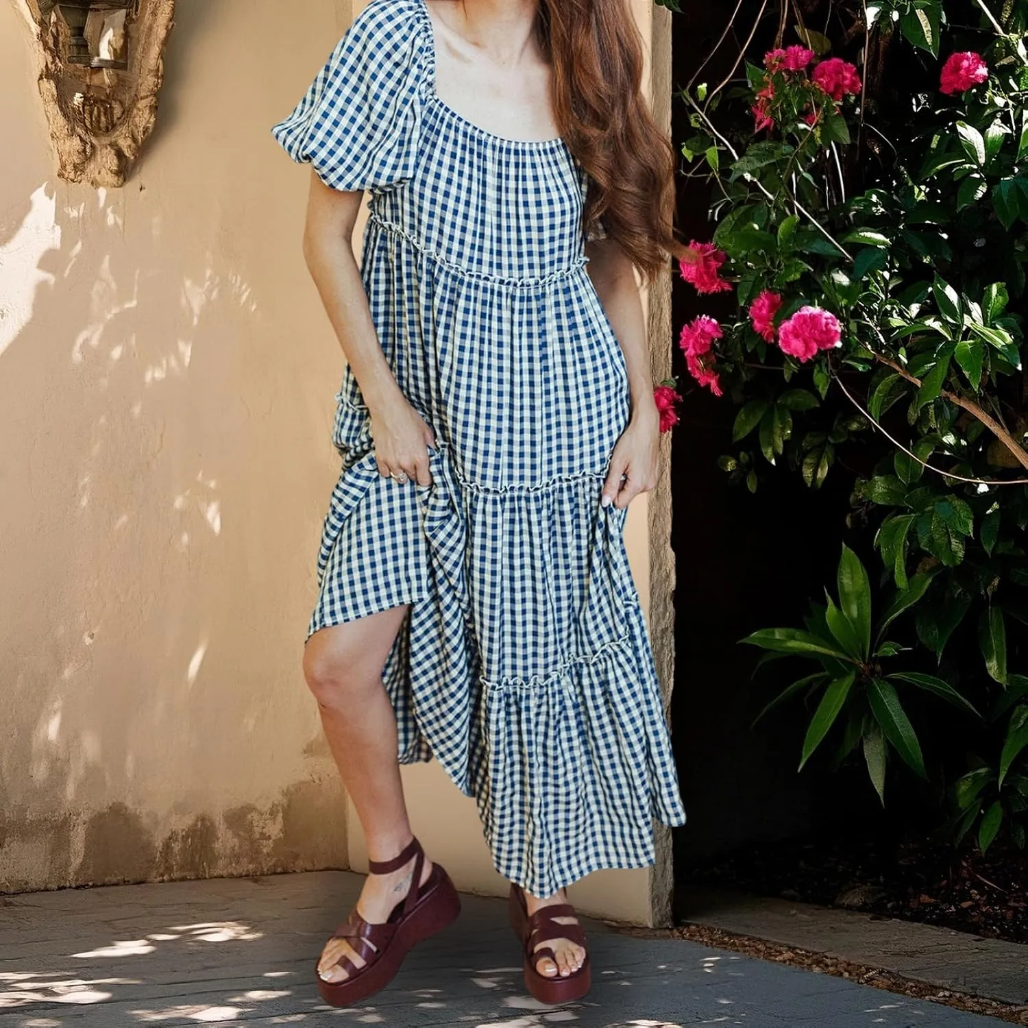Women Babydoll Sleeve Floral Maxi Dress Puff Sleeve Sweetheart Boho Long Dresses Bohemian Flowy Ruffle Dress