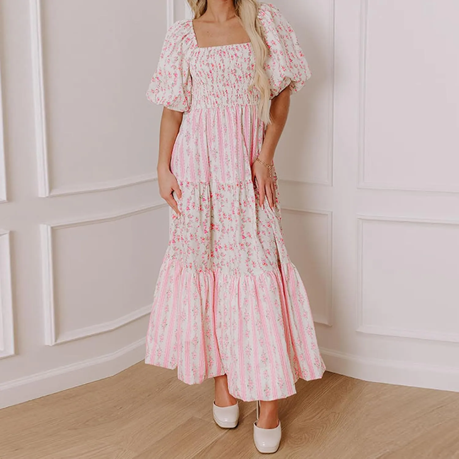 Women Babydoll Sleeve Floral Maxi Dress Puff Sleeve Sweetheart Boho Long Dresses Bohemian Flowy Ruffle Dress