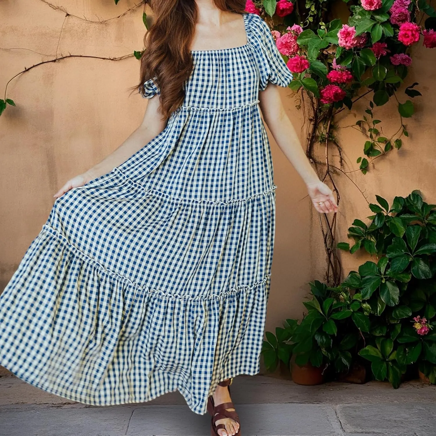 Women Babydoll Sleeve Floral Maxi Dress Puff Sleeve Sweetheart Boho Long Dresses Bohemian Flowy Ruffle Dress