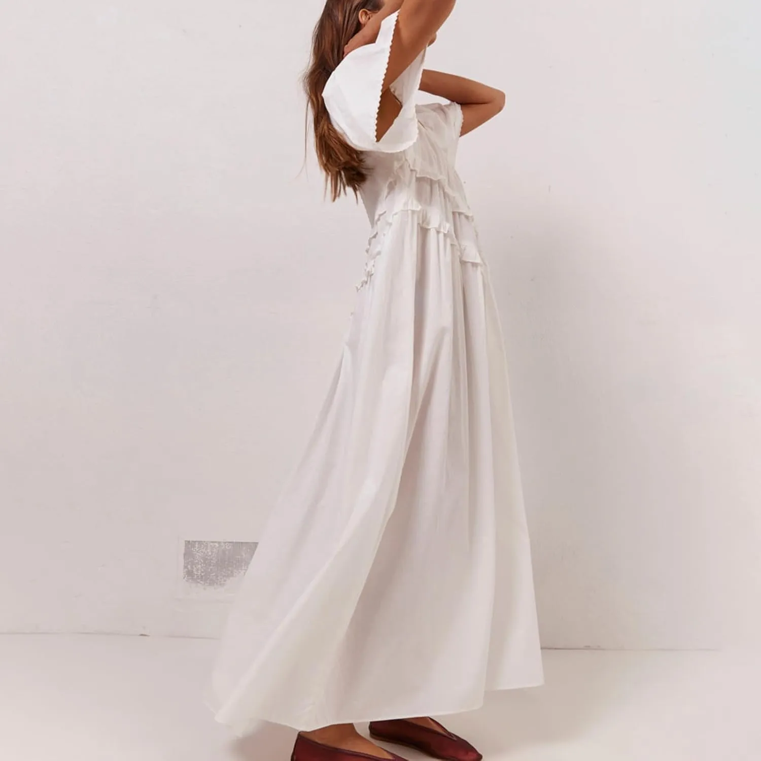 Women Babydoll Sleeve Floral Maxi Dress Puff Sleeve Sweetheart Boho Long Dresses Bohemian Flowy Ruffle Dress