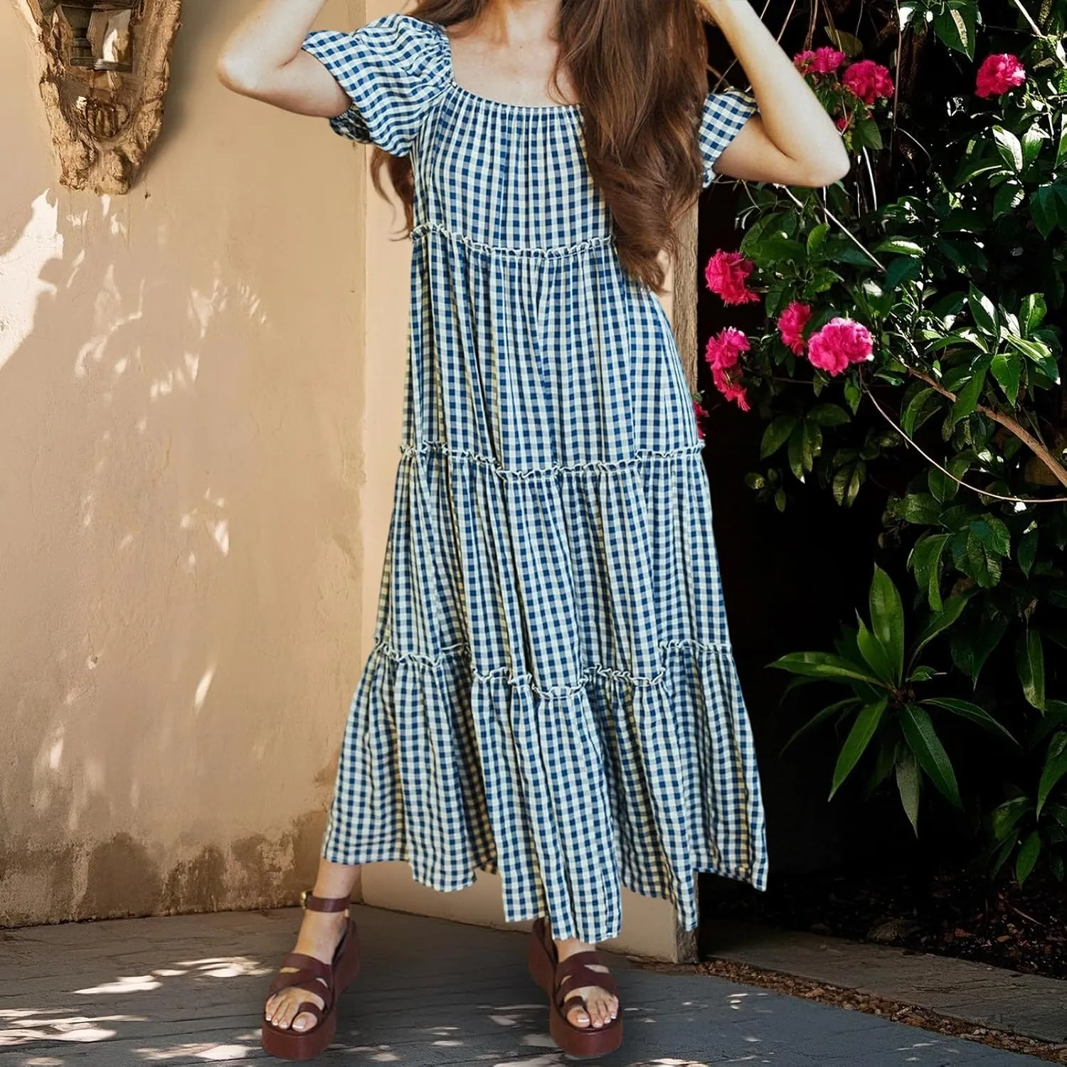 Women Babydoll Sleeve Floral Maxi Dress Puff Sleeve Sweetheart Boho Long Dresses Bohemian Flowy Ruffle Dress