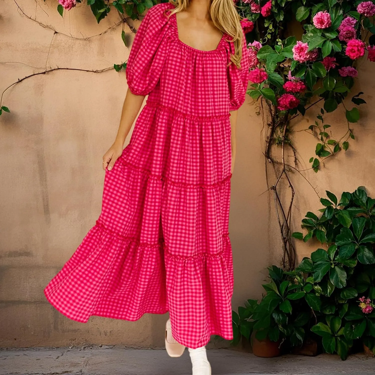 Women Babydoll Sleeve Floral Maxi Dress Puff Sleeve Sweetheart Boho Long Dresses Bohemian Flowy Ruffle Dress