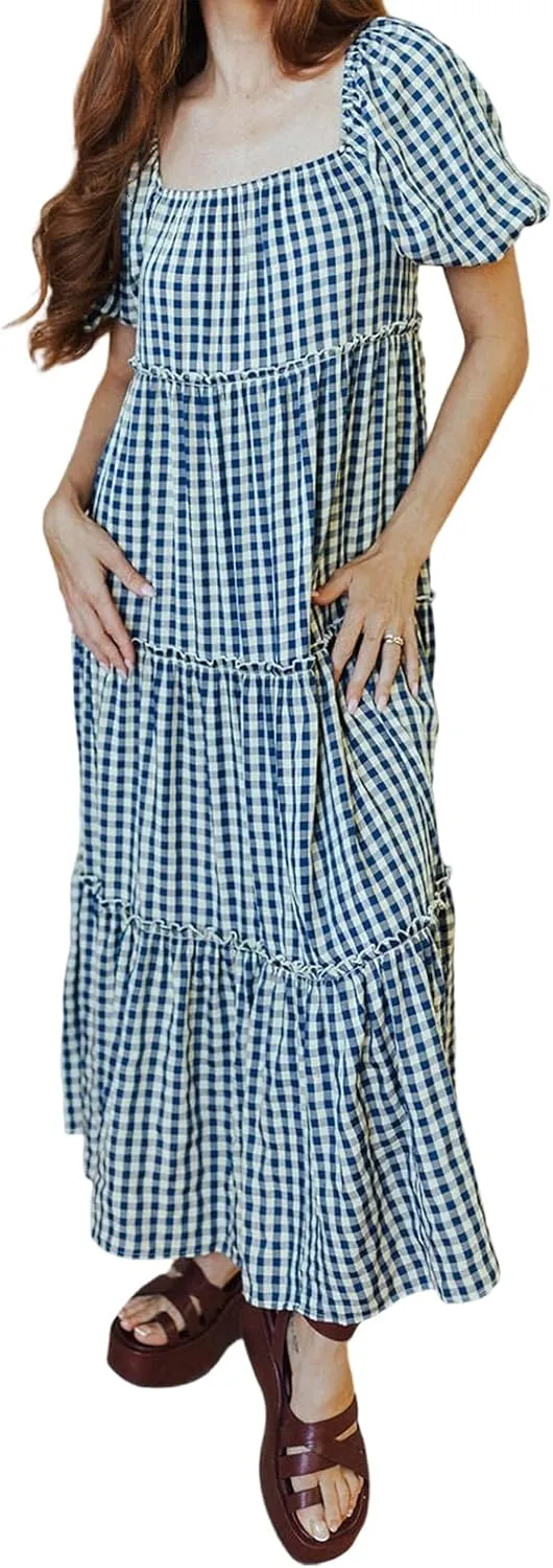 Women Babydoll Sleeve Floral Maxi Dress Puff Sleeve Sweetheart Boho Long Dresses Bohemian Flowy Ruffle Dress