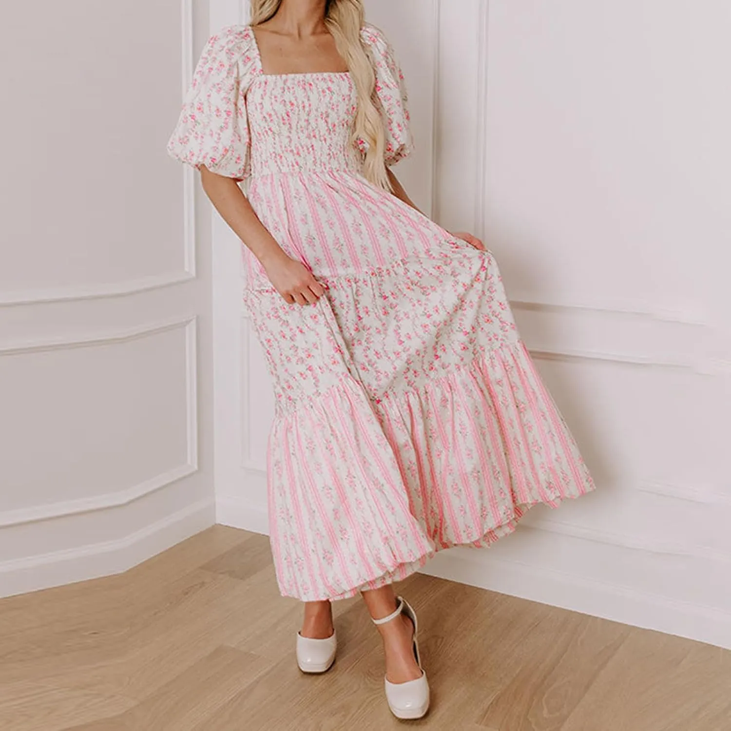 Women Babydoll Sleeve Floral Maxi Dress Puff Sleeve Sweetheart Boho Long Dresses Bohemian Flowy Ruffle Dress