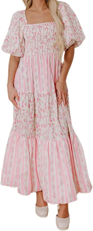 Women Babydoll Sleeve Floral Maxi Dress Puff Sleeve Sweetheart Boho Long Dresses Bohemian Flowy Ruffle Dress