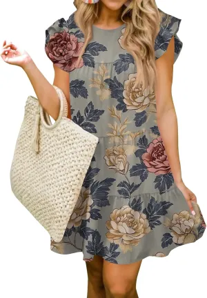 Women Babydoll Summer Casual Crew Neck Ruffle Sleeve Sleeveless Flowy Mini Short Tunic Dress Floral Print Pleated Dress3-Gray,Small