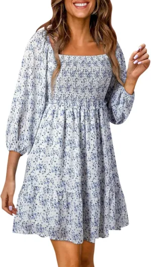 Women Casual Dress Square Neck Smocked Puff 3/4 Sleeve Mini Dress Summer Flowy Boho Floral A-Line Swing Sundress