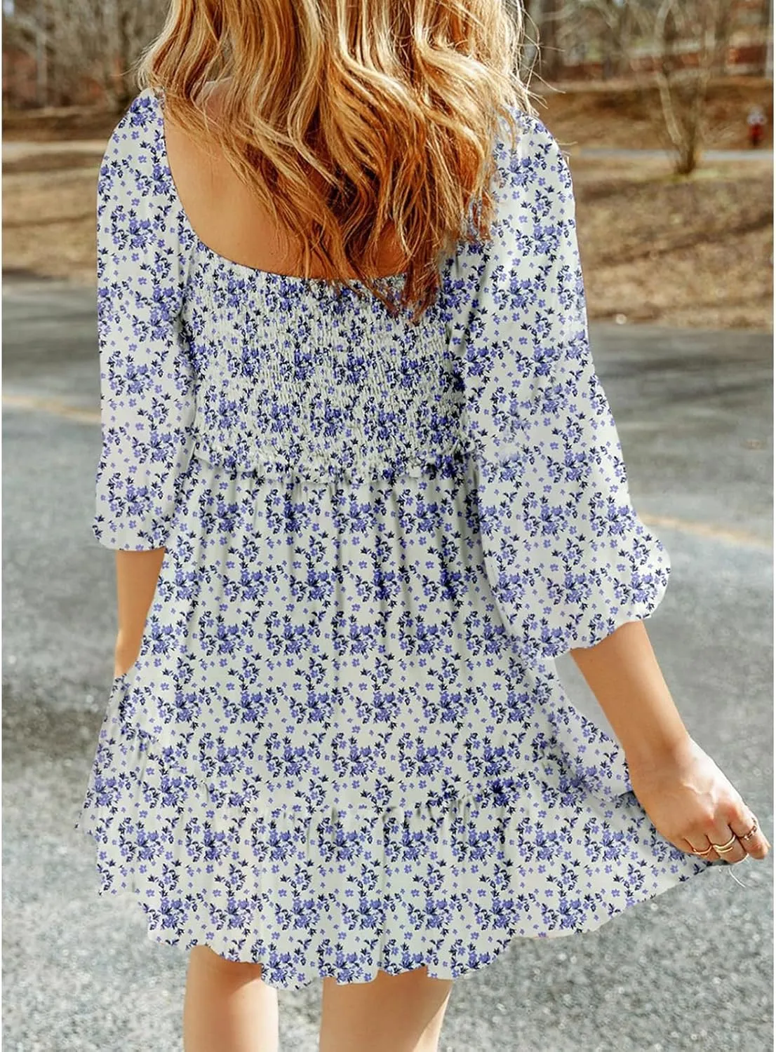 Women Casual Dress Square Neck Smocked Puff 3/4 Sleeve Mini Dress Summer Flowy Boho Floral A-Line Swing Sundress