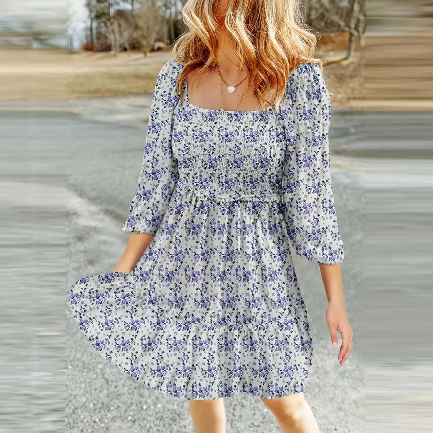 Women Casual Dress Square Neck Smocked Puff 3/4 Sleeve Mini Dress Summer Flowy Boho Floral A-Line Swing Sundress