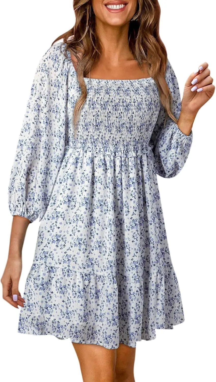 Women Casual Dress Square Neck Smocked Puff 3/4 Sleeve Mini Dress Summer Flowy Boho Floral A-Line Swing Sundress