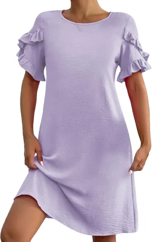 Women Casual Summer Dress Crew Neck Petal Short Sleeve A Line Tunic Mini Dress Dressy Fashion Shift Beach Sundress