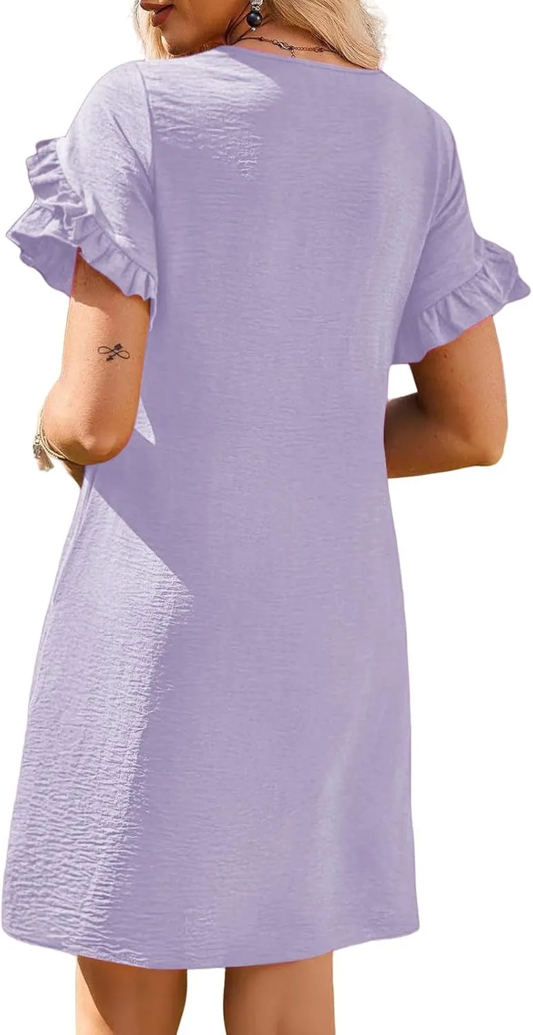 Women Casual Summer Dress Crew Neck Petal Short Sleeve A Line Tunic Mini Dress Dressy Fashion Shift Beach Sundress