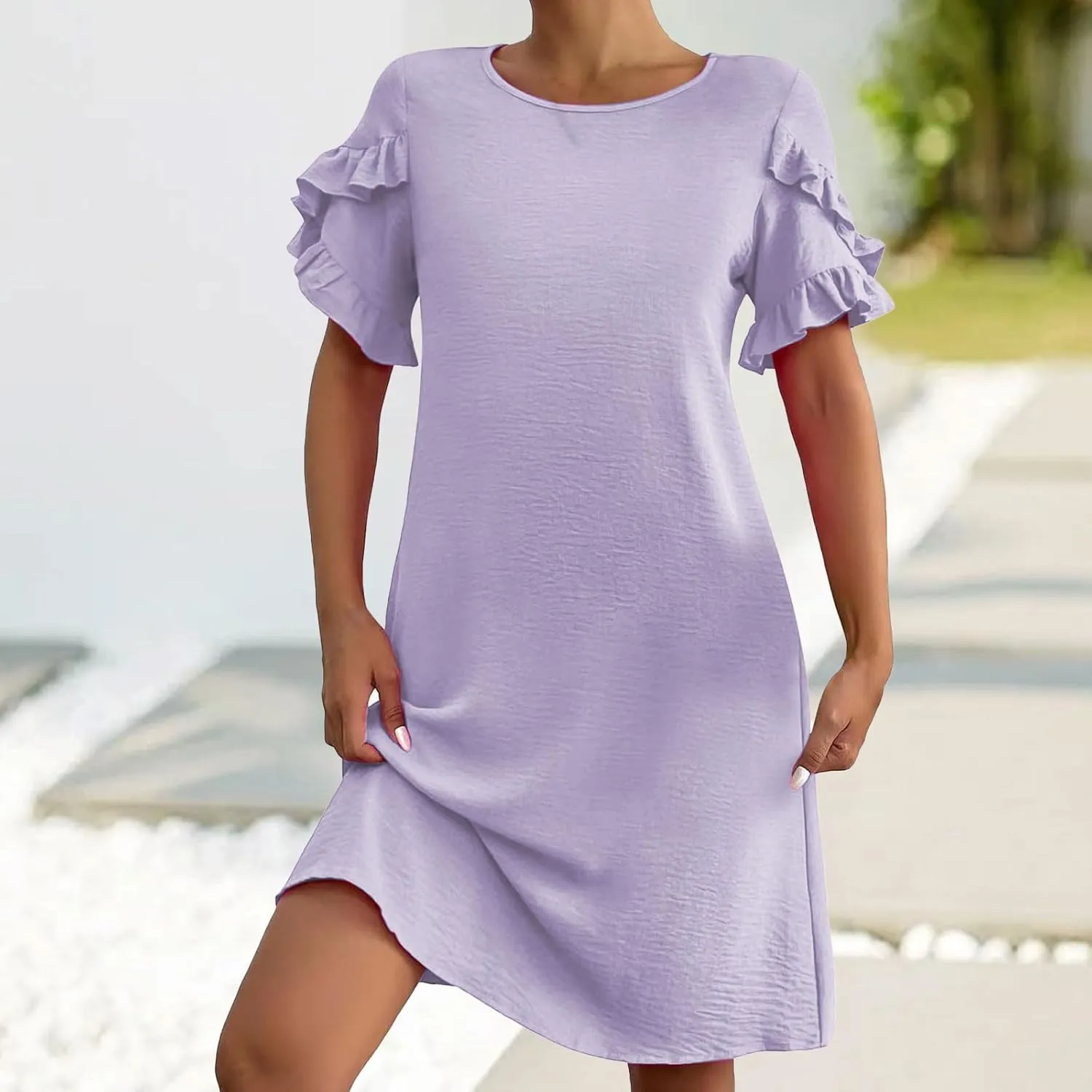 Women Casual Summer Dress Crew Neck Petal Short Sleeve A Line Tunic Mini Dress Dressy Fashion Shift Beach Sundress