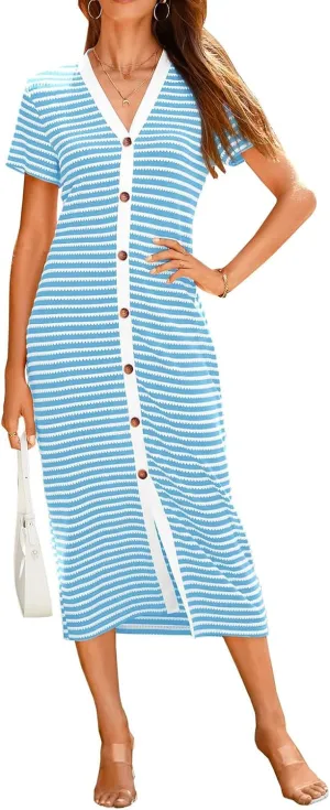 Women Casual Summer Dresses Button Striped Short Sleeve Midi Dresses V Neck Ribbed Knit Dresses Party Dress