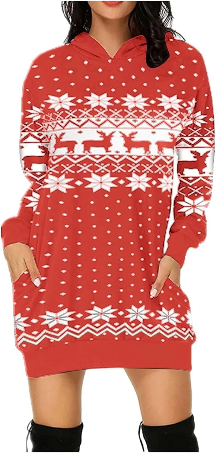 Women Christmas Hooded Sweatershirts Fall Long Sleeve Comfort Warm Oversized Hoodies Pullover Jumper Dress with Pockets