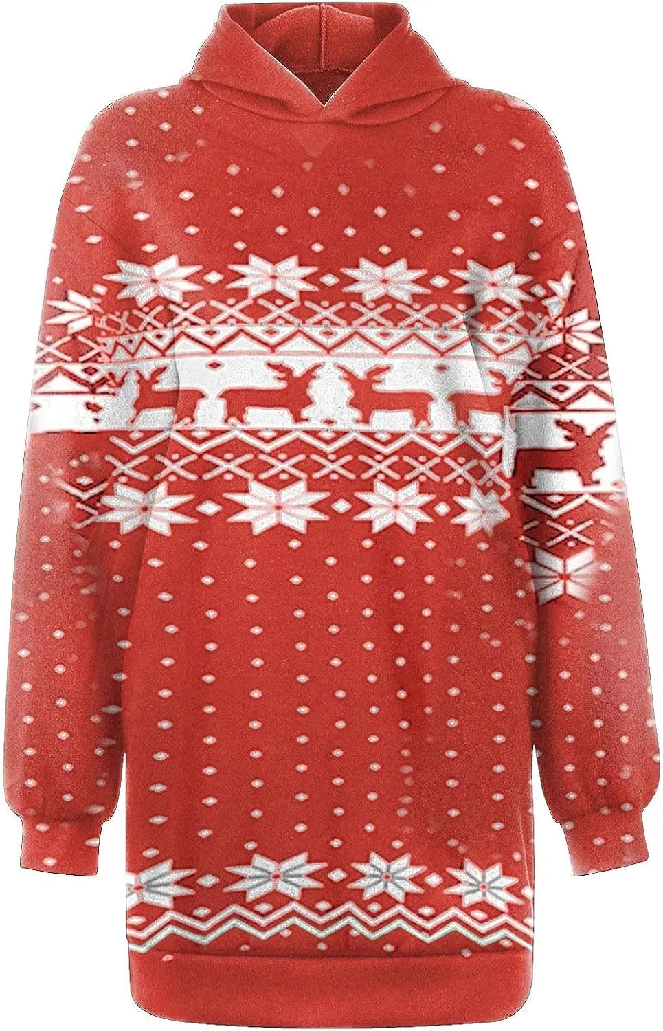 Women Christmas Hooded Sweatershirts Fall Long Sleeve Comfort Warm Oversized Hoodies Pullover Jumper Dress with Pockets