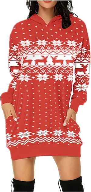 Women Christmas Hooded Sweatershirts Fall Long Sleeve Comfort Warm Oversized Hoodies Pullover Jumper Dress with Pockets